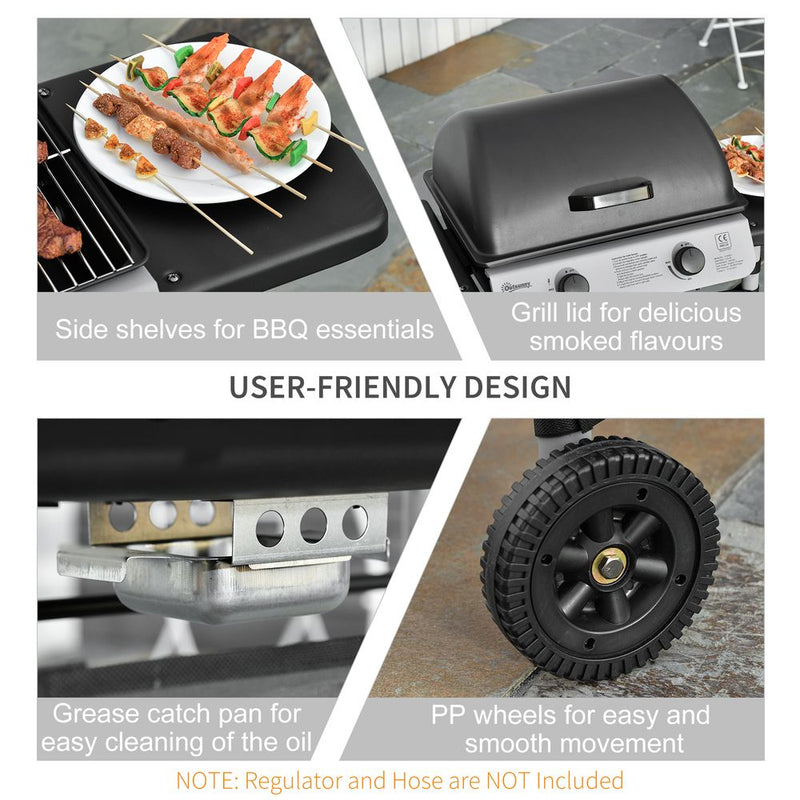 2-Burner Propane Gas Barbecue Grill 5.6 kW with Side Shelves and Wheels