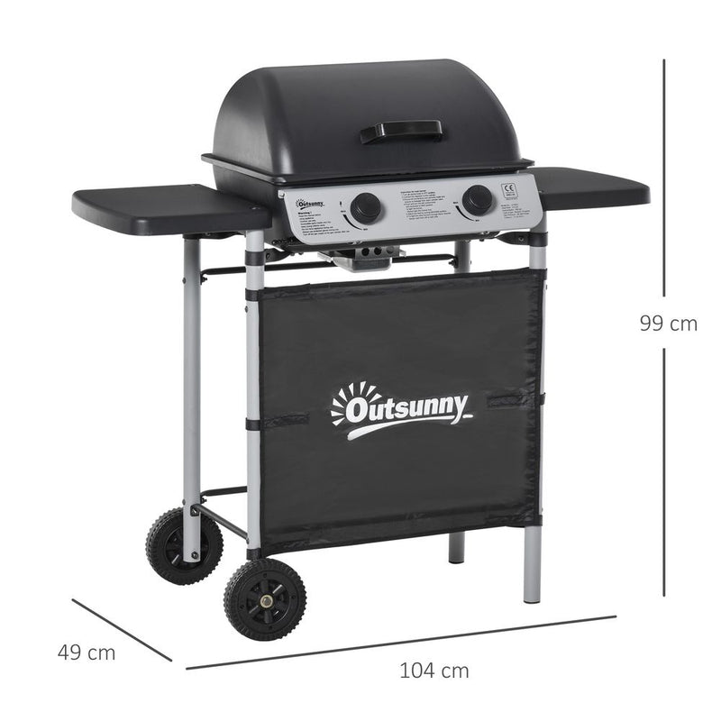 2-Burner Propane Gas Barbecue Grill 5.6 kW with Side Shelves and Wheels