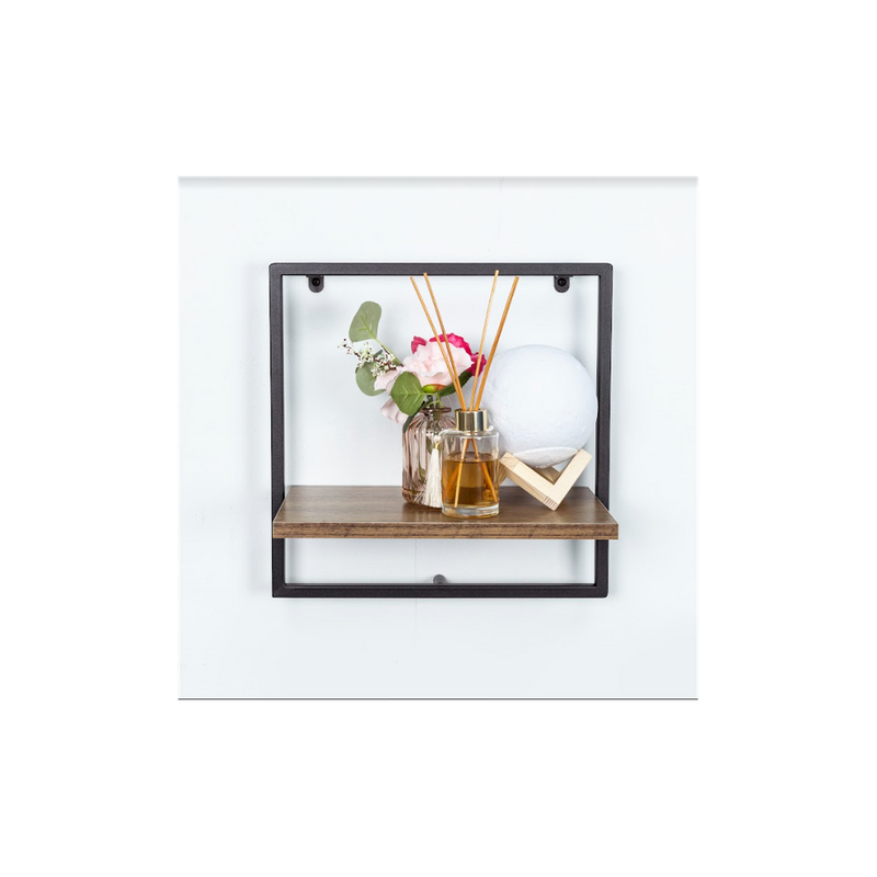 1-Tier Dark Oak Wall Shelf with Black Metal Frame