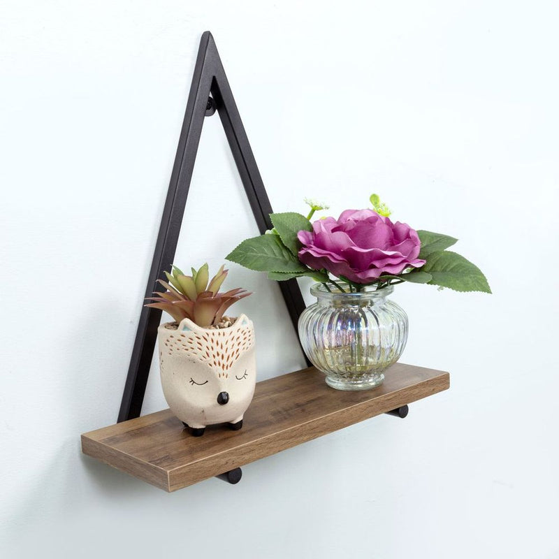 1-Tier Dark Oak Triangle Wall Shelf with Black Metal Frame