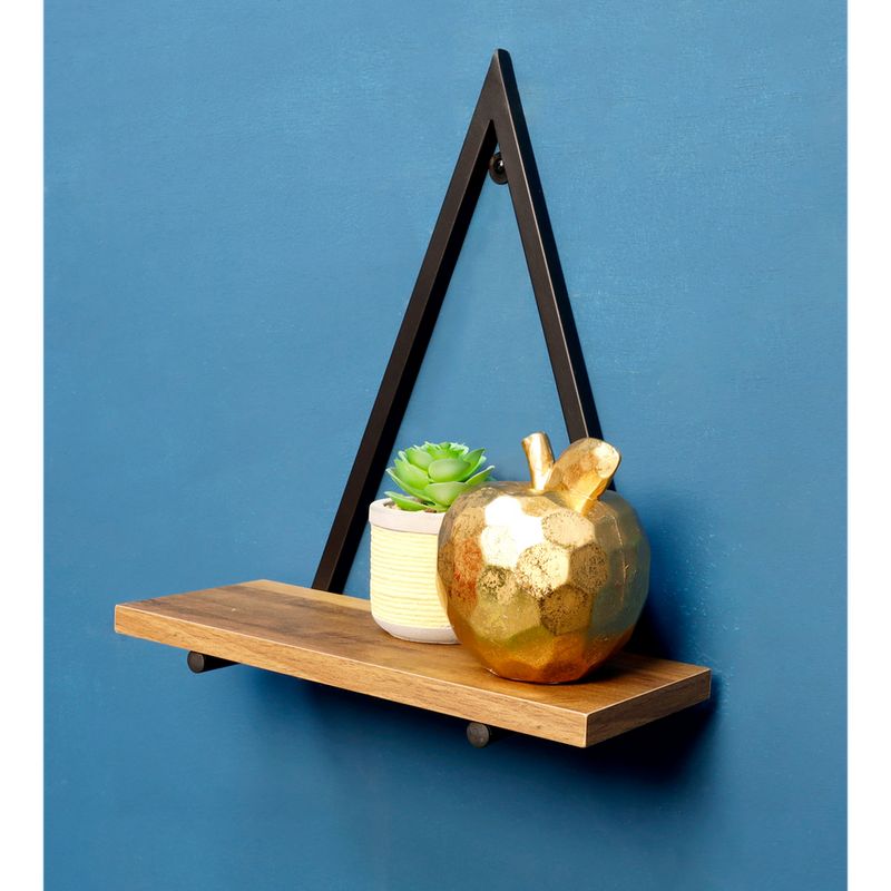 1-Tier Dark Oak Triangle Wall Shelf with Black Metal Frame