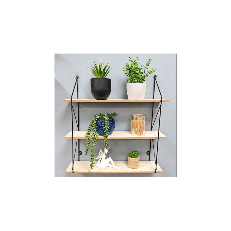 3-Tier Wall Shelf – Black & Oak MDF and Iron