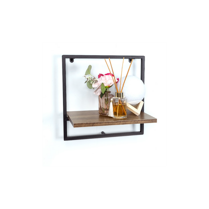 1-Tier Dark Oak Wall Shelf with Black Metal Frame