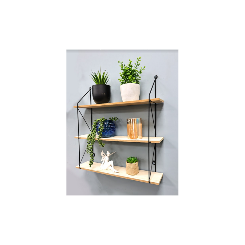 3-Tier Wall Shelf – Black & Oak MDF and Iron