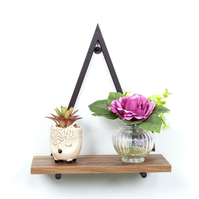 1-Tier Dark Oak Triangle Wall Shelf with Black Metal Frame