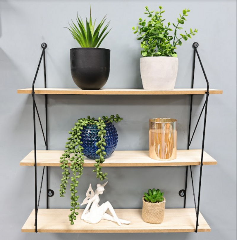 3-Tier Wall Shelf – Black & Oak MDF and Iron