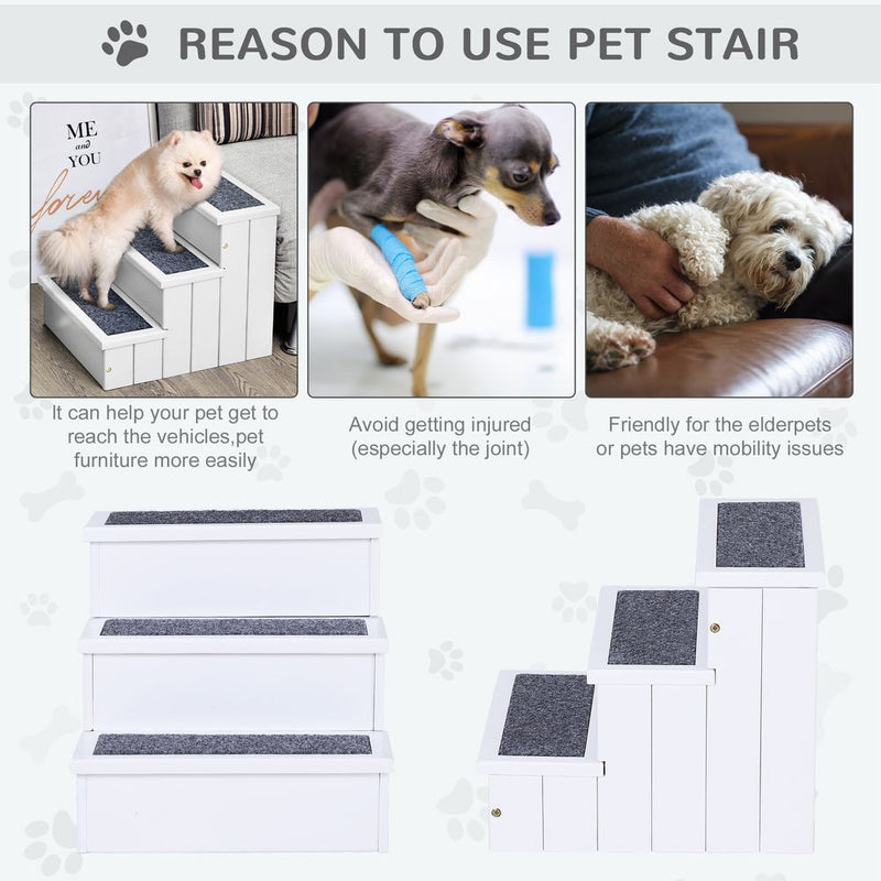 3-Step Wooden Dog Stairs  with Hidden Storage and Carpet Panels