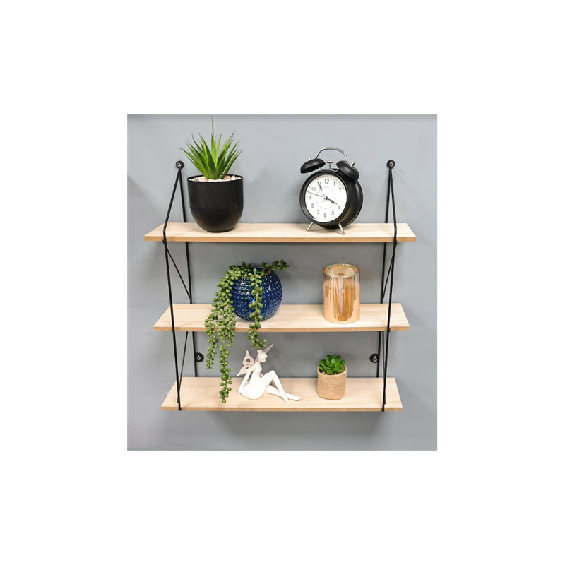 3-Tier Wall Shelf – Black & Oak MDF and Iron