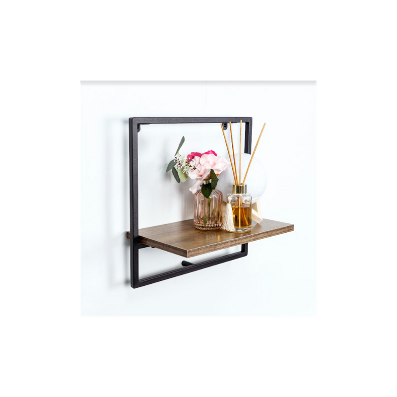 1-Tier Dark Oak Wall Shelf with Black Metal Frame