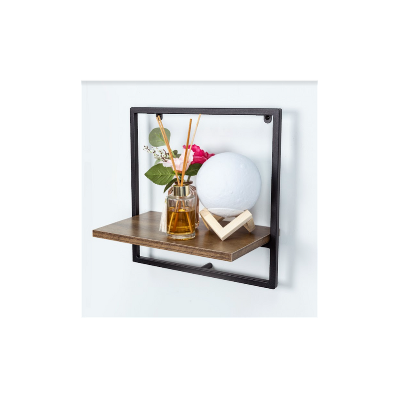 1-Tier Dark Oak Wall Shelf with Black Metal Frame