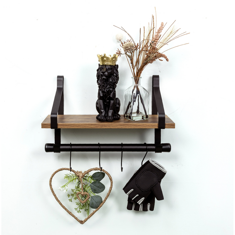 1-Tier Dark Oak Wall Shelf with Black Rail Hanging Frame