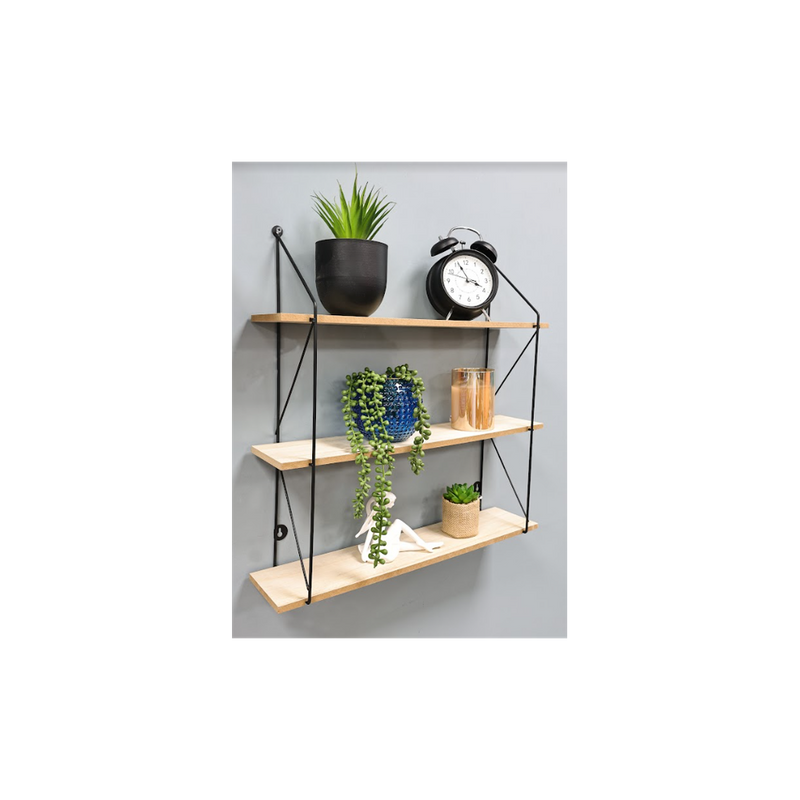 3-Tier Wall Shelf – Black & Oak MDF and Iron