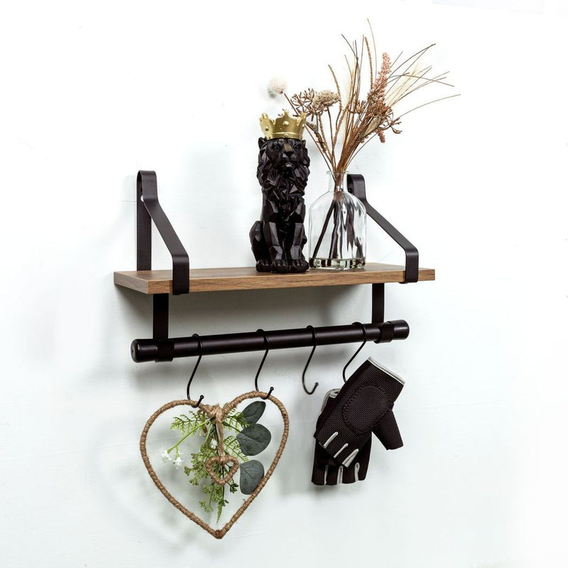 1-Tier Dark Oak Wall Shelf with Black Rail Hanging Frame