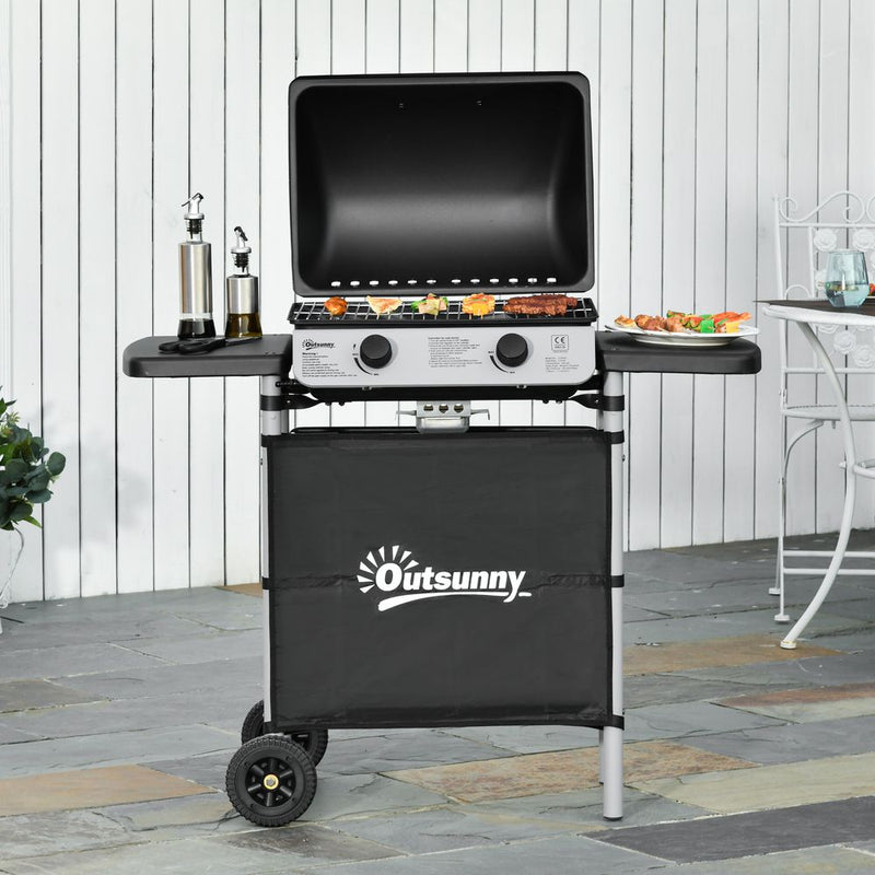 2-Burner Propane Gas Barbecue Grill 5.6 kW with Side Shelves and Wheels