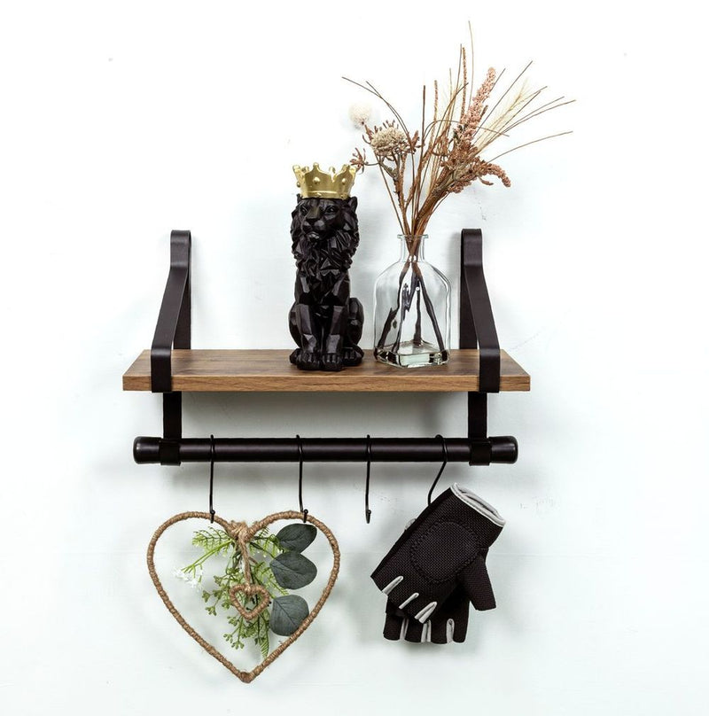 1-Tier Dark Oak Wall Shelf with Black Rail Hanging Frame