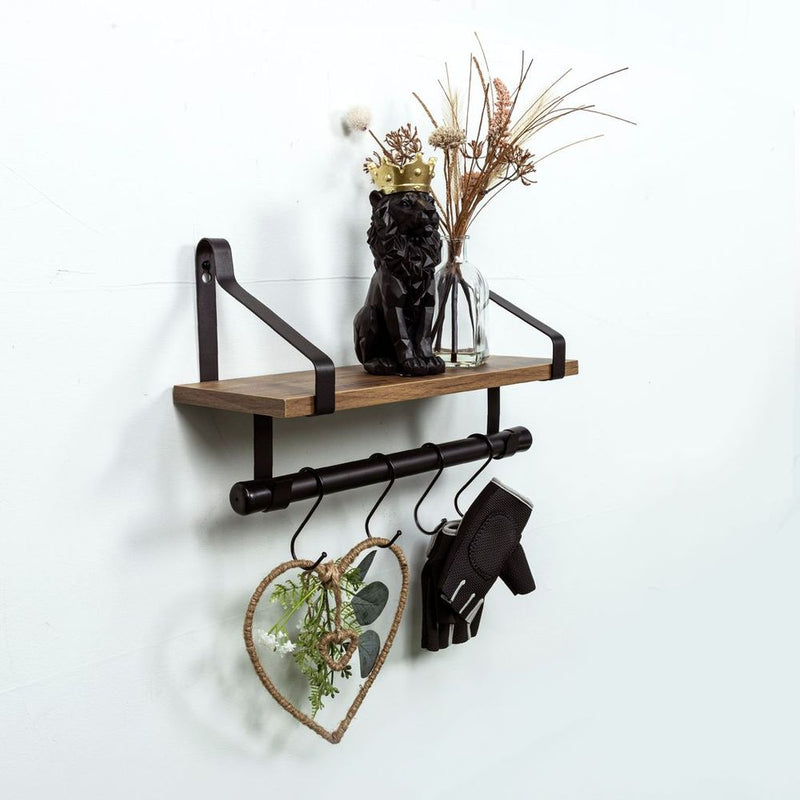 1-Tier Dark Oak Wall Shelf with Black Rail Hanging Frame