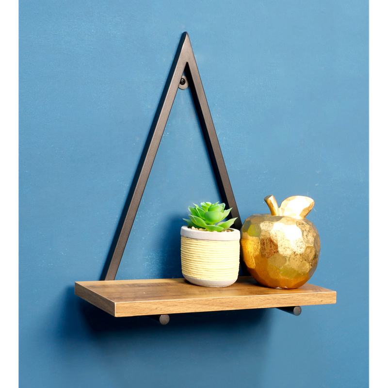 1-Tier Dark Oak Triangle Wall Shelf with Black Metal Frame