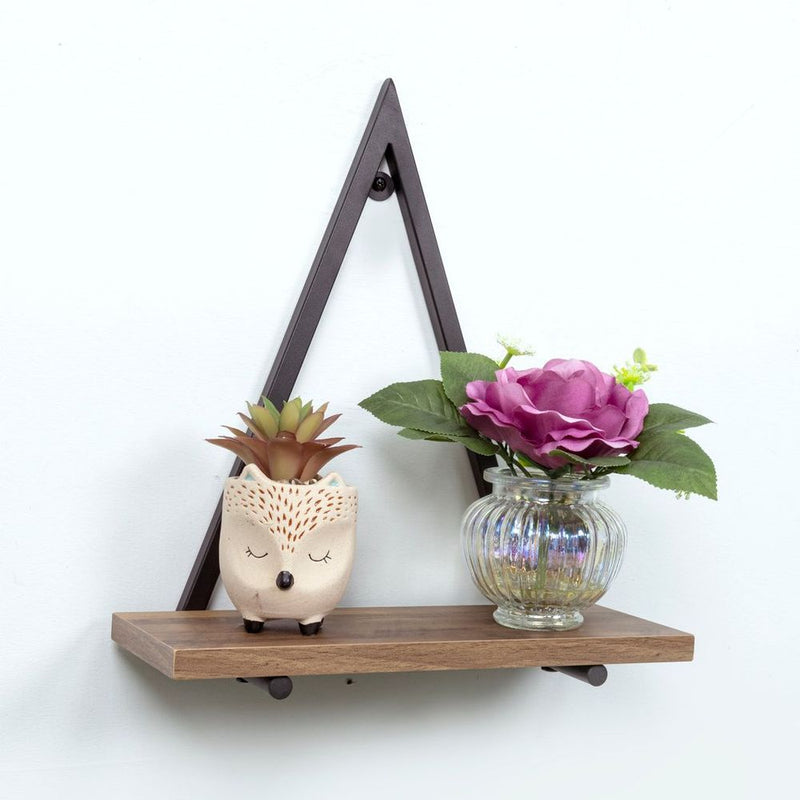 1-Tier Dark Oak Triangle Wall Shelf with Black Metal Frame