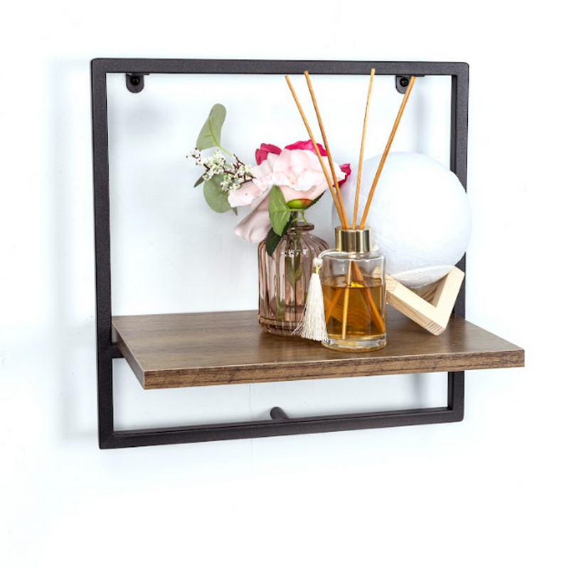 1-Tier Dark Oak Wall Shelf with Black Metal Frame