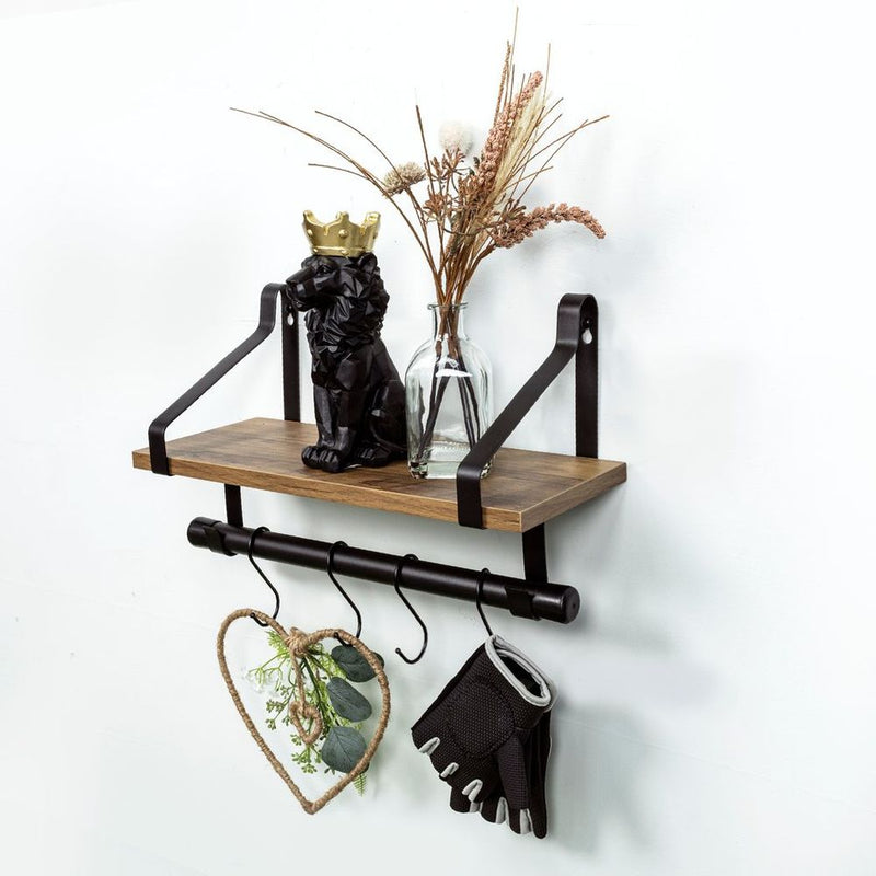 1-Tier Dark Oak Wall Shelf with Black Rail Hanging Frame